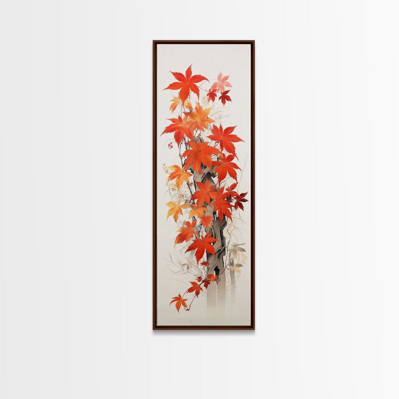 Brilliant Red Leaves On A Twisted Tree, Framed Canvas Print In Skinny Tall Style, Ideal For Feng Shui Wall Art In Japanese Style Art