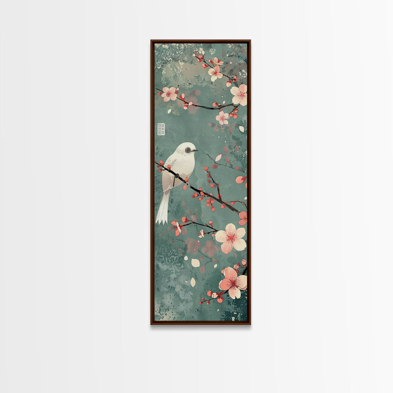 White Bird Perched On A Branch With Blossoms â€“ Framed Canvas Print Combining Skinny Art And Tall Art Inspired By Ukiyo-E Art And Japanese Style Art