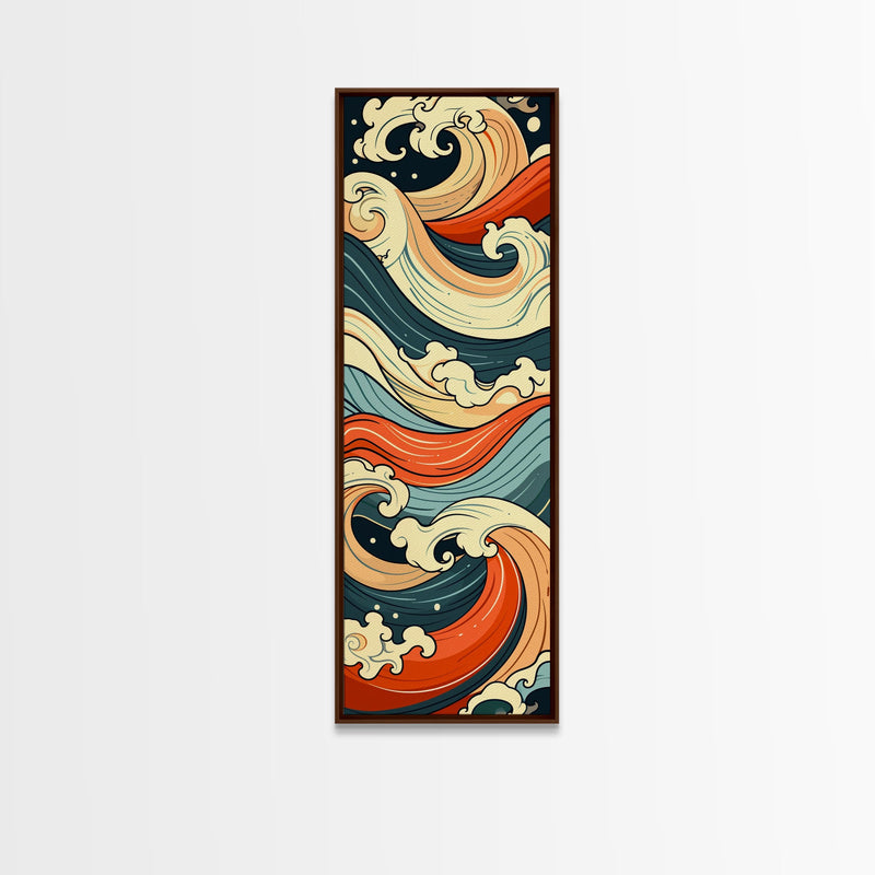 Abstract Wave Pattern With Vibrant Colors - Skinny Art Tall Art Framed Canvas Print Japanese Style Art Ukiyo-e Art