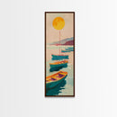 Rowboats And Golden Sun On Calm Water Skinny Art Wood Block Print Japanese Style Art Framed Canvas Print Tall Art Ukiyo-e Art