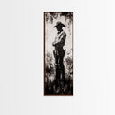 Black and White Cowboy Art Framed Canvas Print, Rustic Wall Art, Moody Art, Southwest Wall Art, Vintage Horse Art, Tall Narrow Art