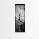 Highland Bull, Coastal Landscape, Framed Canvas Print, rustic decor, mountain painting, farmhouse art, moody art, wabi sabi wall art