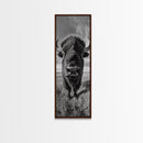 Majestic Bison Close-Up, Framed Canvas Print, rustic wall art, cowboy home décor, wildlife photography, farmhouse art, black and white photography