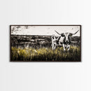 Longhorn Cattle, rustic wall art, farmhouse art, black cowgirl painting, extra wide art, framed canvas print, panoramic painting