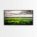 Marsh Landscape Painting, Green Wall Art, Nature Artwork, Panoramic Art, Extra Wide Art, Framed Canvas Print, Rustic Home Decor