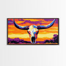 Skull, bull, desert art, cowboy decor, boho wall art, moody sunset, extra wide art, rustic decor, framed canvas print