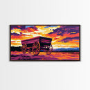 Covered wagon, prairie landscape, rustic western art, historical painting, farmhouse decor, extra wide art, framed canvas print