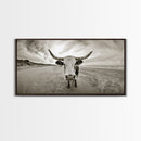 Longhorn, beach, western decor, rustic art, farmhouse art, extra wide art, above sofa art, panoramic painting, framed canvas print