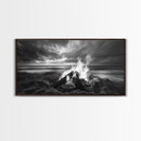 Beach bonfire, moody art, seascape painting, coastal decor, extra wide art, panoramic painting, above bed wall art, framed canvas print