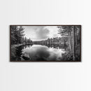 Lake reflection, pine tree art, landscape painting, wabi sabi art, rustic decor, panoramic painting, extra wide art, framed canvas print