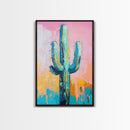 Abstract Cactus Painting, Boho Desert Art, Pink Green Wall Art, Southwest Wall Decor, Framed Canvas Print, Bold Colorful Art