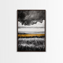 Moody Landscape, dramatic clouds, black and white, gold fields, panoramic art, rustic decor, framed canvas print, extra wide art