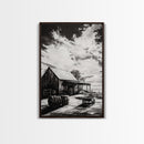 Vintage Barn, Rustic Landscape, Canvas Print, farmhouse art, rustic wall art, barn landscape oil painting, moody art, above couch art, wabi sabi art
