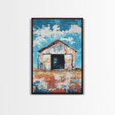 Rustic Barn, farmhouse art, landscape painting, blue and green wall art, extra wide art, panoramic art, Framed Canvas Print