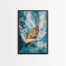 Wooden Boat in Waves, nautical painting, coastal decor, ocean waves art, seascape painting, framed canvas print, living room art, rustic art
