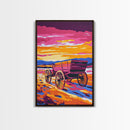 Sunset Wagon Art, pink orange wall art, Joshua tree art, rustic wall art, warm tones painting, framed canvas print, gift idea, extra wide art