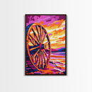 Sunset Wagon Wheel, Bold Color Painting, Southwest Wall Art, Framed Canvas Print, Rustic Decor, Western Aesthetic, Extra Wide Art, Gift Idea