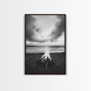 Beach Bonfire, coastal landscape art, rustic decor, moody art, dramatic seascape, black and white, framed canvas print, nautical wall art
