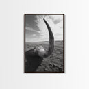 Lone Horn, desert minimalism, rustic western art, wabi sabi decor, moody photography, framed canvas print, black and white, southwest art