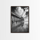 Pier reflection, seascape painting, nautical decor, rustic wall art, black and white photography, extra wide art, framed canvas print