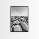 Stone beach, coastal landscape art, black and white art, wabi sabi wall art, minimalist art, nature photography, framed canvas print