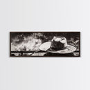 Western Hat Art, Black and White Art, Framed Canvas Print, Rustic Wall Art, Wabi Sabi Art, Extra Wide Art, Minimalist Art
