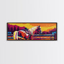 Western horse, saddle, cowboy, sunset, rustic wall art, panoramic art, framed canvas print, extra wide art, horse wall art