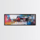 Abstract Barn, barn landscape oil painting, farmhouse art, rustic wall art, extra wide art, framed canvas print, colorful decor