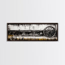Wagon Wheel, barn landscape oil painting, black and white art, rustic decor, farmhouse art, extra wide art, Framed Canvas Print, moody art
