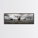 Texas Longhorns, Bull and Bear Art, Rustic Wall Art, Moody Art, Extra Wide Art, Framed Canvas Print, Horizontal Wall Art, Gift Idea
