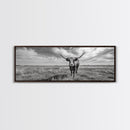 Texas Longhorn, Rustic Wall Art, Canvas Print, Farmhouse Art, Western Decor, Above Bed Art, Extra Wide Art, Moody Black And White Art