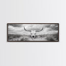 Longhorn Skull, skull art, western wall art, rustic decor, moody art, desert painting, farmhouse art, panoramic art, framed canvas print