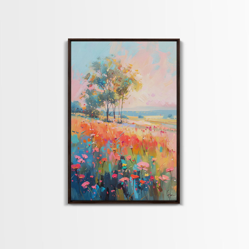 Blossoming Meadow with Trees - Framed Canvas Print, Peaceful Living Room Art, Serene Bedroom Decor, Vibrant Flower Art, Wall Art