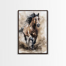 Powerful Horse Galloping - Framed Canvas Print, Dynamic Living Room Art, Energetic Bedroom Decor, Equestrian Art, Wall Art