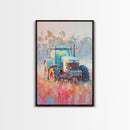 Farm Tractor in Vibrant Meadow - Framed Canvas Print, Countryside Living Room Art, Pastel Bedroom Decor, Rural Art, Wall Art