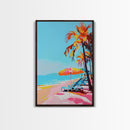 Palm Trees and Sun Loungers on Tropical Beach - Framed Canvas Print, Vacation Paradise Art, Beach Decor for Living Room
