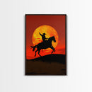 Cowboy Silhouette on Horseback at Sunset | Framed Canvas Print | Western Landscape Art | Rustic Cowboy Wall Art for Living Room