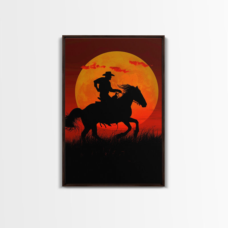 Action Cowboy Silhouette on Horse at Sunset | Framed Canvas Print | Western Wall Art | Dramatic Cowboy Wall Art for Home Decor