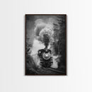 Steam Locomotive in the Forest Black and White Photography - Framed Canvas Print, Railroad Art, Vintage Train Wall Art for Home