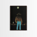 Cowboy Under the Moon Print - Framed Canvas Wall Art, Rustic Western Decor, Nighttime Cowboy Artwork for Living Room, Western Night Sky