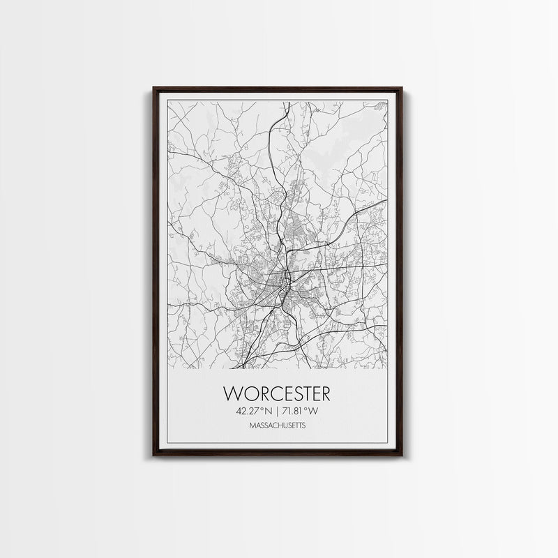 Worcester Street Map, Massachusetts Map, City Map Print, Minimalist Art, Wall Art, Canvas Print, Home Office Wall Art, Unique Travel Gifts