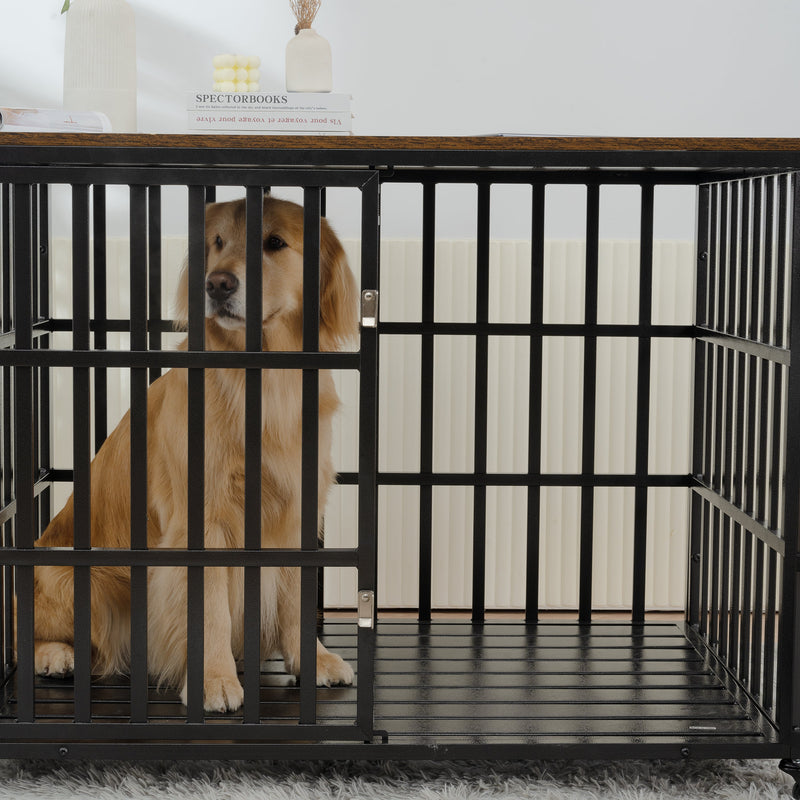 42" Heavy Duty Dog Crate for Large Medium Dogs, Furniture Style cage with 4 Lockable Wheels and 2 Locks, Decorative Pet House Wooden Cage Kennel Furniture Indoor