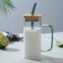 400ml square glass mug with bamboo lid and straw dining room cup by Decorbites