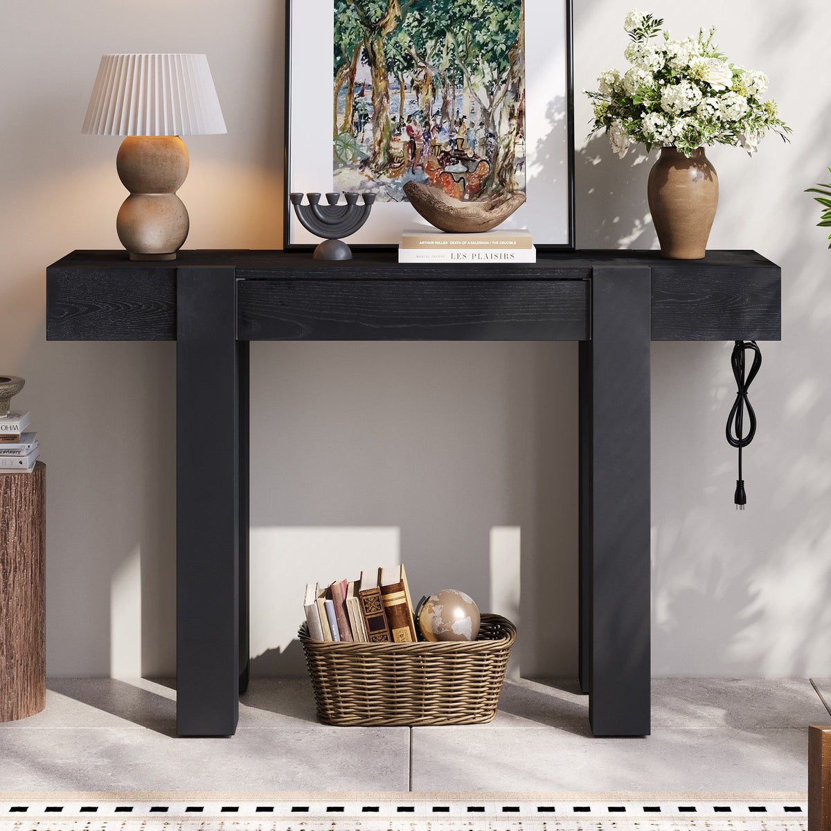 TREXM Rustic Minimalist Console Table with Hidden Drawer, Side Power Outlet, photo 8 of 10