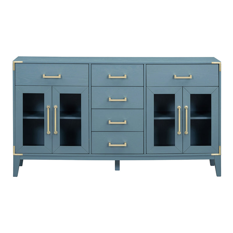 6-drawer and 2-Cabinet Retro Sideboard with Extra Large Storage Space, with Gold Handles and Solid Wood Legs, for Kitchen and Living Room (Antique Blue)