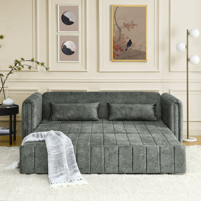 3 in 1 Pull-Out Bed Sleeper, Modern Upholstered 3 Seats Lounge Sofa & Couches with Rolled Arms Decorated with Copper Nails, Convertible Futon 3 Seats Sofabed with Two Drawers and Two Pillows
