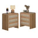 Rattan Nightstand Set of 2 with 3 Drawers in Caramel Oak