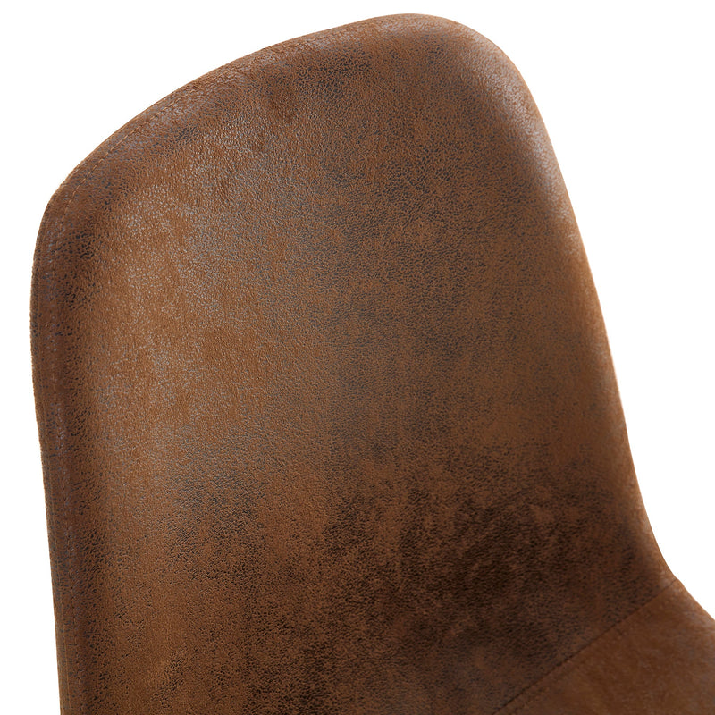 A modern and practical circular dining table. Made of MDF tabletop and wooden MDF table legs. A set of 4 brown cushioned chairs.