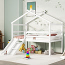 Low Loft House Bed With Slide, Ladder, Safety Guardrails, House Roof Frame by Unique Piece Furniture