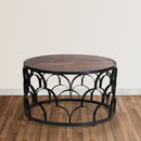 32 Inch Round Coffee Table, Mango Wood Top, Lattice Cut Out Metal Frame, Brown, Black